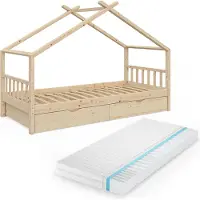 VitaliSpa Hausbett Design Naturholz 90x200 cm mit 2 Schubladen und Matratze, Model 37578