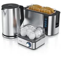 Arendo 3-teiliges Frühstücksset, Wasserkocher 1,5L, Langschlitz Toaster 4-Scheiben , 8er Eierkocher, Silber