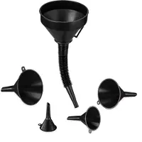 Relaxdays Trichter Set, 5 Größen, Universaltrichter mit Schlauch und Sieb, als Öltrichter und Küchentrichter, schwarz