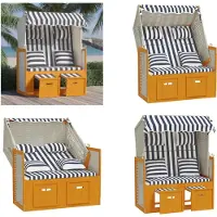 vidaXL Strandkorb mit Kissen Poly Rattan & Massivholz Weiß & Blau - Strandkorb - Strandkörbe - Sonnenliege - Strandliege
