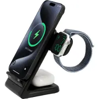 Just in Case 3 in 1 Wireless Charger Stand, USB-C, LED-Licht, Schnellladung, Geeignet für Qi-Geräte, Ladestation, Schwarz