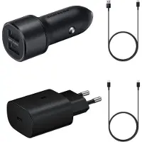 Samsung įkroviklio rinkinys ECO pakuotėje. Yra kelioniniai ir automobiliniai adapteriai su laidais (Juodas)