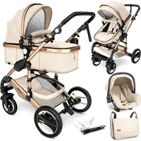 Kiduku Kinderwagen Komplettset, Kombikinderwagen Set inkl. Babywanne Buggy Auto-Babyschale Fußsack, Voll-Gummireifen Wickeltasche Regenschutz Kindertisch (Beige)