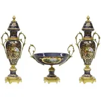 Casa Padrino Barock Keramik Vasen Set mit Schale Dunkelblau / Mehrfarbig / Gold - Prunkvolle Deko Accessoires im Barockstil