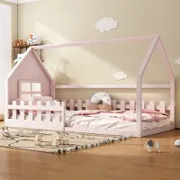 Fortuna Lai Kinderbett 90 x 200cm, Kinderbett in Hausform, Einzelhaus-Flachbett mit Dach und Fenstern in Rosa