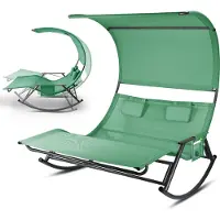 TolleTour Doppel Sonnenliegec Doppelliege Gartenbett Relaxliege Belastbarkeit Sonnenliege mit Sonnendach&Kopfkissen Garden Stahl für Camping Grün