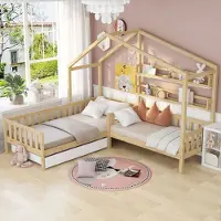 Fortuna Hausbett 90 x 200 cm Kinderbett 70 x 140 cm mit Schubladen und Regalen L-Struktur Spielbett mit Zaun und Lattenrost ohne Matratze, Natur