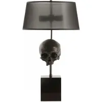 Casa Padrino Luxus Tischleuchte Totenkopf Schwarz / Antik Messing Ø 35 x H. 77 cm - Schreibtschleuchte mit rundem Lampenschirmen - Luxus Leuchten - Luxus Möbel - Luxus Interior
