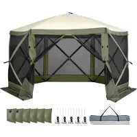 SucceBuy Pop-Up-Pavillon-Zelt, 6-seitiger Sonnendach-Sonnenschutz mit abnehmbaren Sichtschutzplatten und Netzfenstern, 12x12FT Quick-Set-Screen-Zelt mit Moskitonetz, Armeegrün