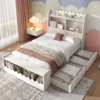 TavilaEcon Weißes Stauraumbett mit Schubladen, Regal & Sitzbank, Holzbettgestell & Lattenrost, Eichefarben, Kinder-Einzelbett ohne Matratze, 90x200 cm