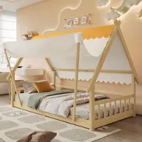UnboxG Kinder-Einzelbett 90×200 cm (Kiefer + Sperrholz, Natur) – Holzhaus-Design, abnehmbares Zelt, stabiler Lattenrost, Sicherheitsgeländer
