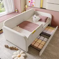 UnboxG Ausziehbett für Kinder 90x200cm (Samt+MDF+Sperrholz, weiß): gepolstert, ausziehbares Sofa, Metallgestell, 3 Taschen + 2 Schubladen, Rollen, Tagesbett
