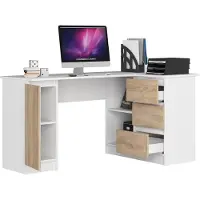 BDW , Eckschreibtisch rechts, 3 Schubladen, 4 Regale, Weiss / Eiche Sonoma