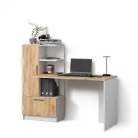 Livinity Schreibtisch Lorena Weiß/Goldkraft Eiche 150 x 120.1 cm mit 2 Türen, Model 57371