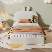 Ulife Kaninchen Kopfteil Polsterbett, Kinderbett mit Holzlatten, Einzelbett, Samt, Beige, 90x200cm