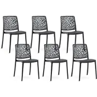 Idea New Garden Srl 6er-Set stapelbare Stühle aus Polypropylen mit Glasfasern für Garten oder Innenbereich, wasserabweisend und widerstandsfähig - SOLE - Schwarz