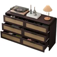 MODFU Kommode mit 6 Schubladen Rattan Rotbraun 130x40x75 cm mit abgerundeten Ecken, stabilem Korpus aus Spanplatte und viel Stauraum für Wohnen