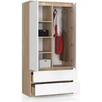 BDW , Kleiderschrank 2 Türen, 2 Schubladen, 180x90x51 cm, Eiche Sonoma / Weiß