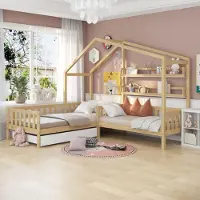 Ulife L-Baumhausbett aus Massivholz mit Schubladen und Regalen – Sicheres, platzsparendes Kinderbett mit Stauraum. 90x200cm + 140x70cm, Natur