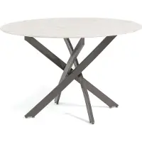 Idea New Garden Srl Runder Tisch Ø120 cm mit gehärteter Glasplatte und Metallbeinen – modernes, lichtvolles und elegantes Design für Küche, Esszimmer, Wohnzimmer und Büro – KASPER – Rosa Marmor/Turteltaube