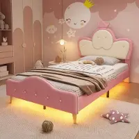 Ulife Kinder-Polsterbett mit weichen Kanten, LED-Leiste und Krone, stabiler Metallfuß, komfortabel und stilvoll, für Mädchen, Rosa+Weiß, 90x200 cm