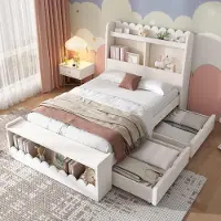 Ulife Kinderbett mit Stauraum: Weißes Holz Einzelbett mit Schubladen, Regal und Sitzbank, Eiche-Optik, inkl. Lattenrost (ohne Matratze) 90x190 cm