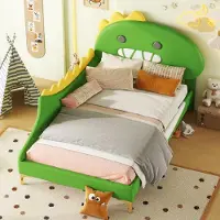 OKWISH Kinderbett Flachbett 90×200 cm mit Lattenrost, Polsterbett Jugendbett für Jungen und Mädchen, Funktionelles Einzelbett mit Kopfteil in Dinosaurierform, Grün(Ohne Matratze)