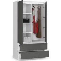 BDW , Kleiderschrank 2 Türen, 2 Schubladen, 180x90x51 cm, Weiß / Grau