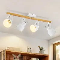 ZMH Deckenstrahler 4 Flammig Weiß Deckenlampe Vintage Schwenkbar 350° MAX.25W E14 Fassung Industrial Holzmaserung Spotbalken für Wohnzimmer Schlafzimmer Büro (ohne Leuchtmittel)