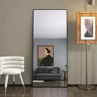 Fortuna Lai Standspiegel 180x80cm, Rechteckiger Ganzkörperspiegel mit Schwarzem Metallrahmen, HD Spiegel für Ankleidezimmer oder Wohnzimmer