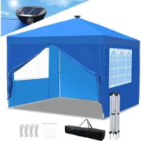 TolleTour Pavillon Faltpavillon 3x3m Blau mit Solar-LED-Licht mit Seitenwänden Partyzelt UV-Schutz höhenverstellbarer mit Tragetasche, für Outdoor Garten Camping