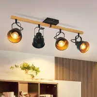 ZMH Deckenstrahler 4 Flammig Schwarz Deckenlampe Vintage Schwenkbar 350° MAX.25W E14 Fassung Industrial Holzmaserung Spotbalken für Wohnzimmer Schlafzimmer Büro (ohne Leuchtmittel)
