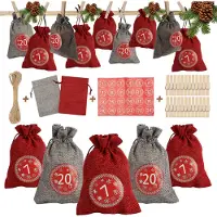 Yakimz 24 Adventskalender zum Befüllen, Adventskalender Stoffbeutel Säckchen mit 1-24 Sackleinen Taschen Jutesäckchen,Rot/Grau