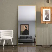 Fortuna Lai Standspiegel 180x80cm, Rechteckiger Ganzkörperspiegel mit Goldenem Metallrahmen, HD Spiegel für Ankleidezimmer oder Wohnzimmer