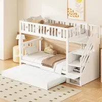 Fortuna Lai Kinder-Etagenbett 90*200 cm, Massivholz-Etagenbett, Ausziehbett 90*190 cm, mit Sicherheitstreppe, Ablagetreppe, Lattenrost, weiß
