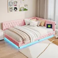 UnboxG Polsterbett 140x200cm mit LED und Ladefunktion (USB&Typ-c), Doppelbett Gästebett Daybett Jugendbett, Holzbett Funktionsbett mit Lattenrost