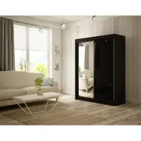 MargaretHadas24 Kleiderschrank Venus 150 cm inklusive 2 Schiebetüren mit Spiegel Lieferung bis in die Wohnung Kleiderstange Garderobe Schrank (Farbe: schwarz, lacobel schwarz)