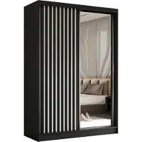 Masseno Schiebetürenschrank LAMELLO 150 cm Kleiderschrank Schlafzimmer Schrank 2-türig mit Spiegel und Lamellen Schwarz