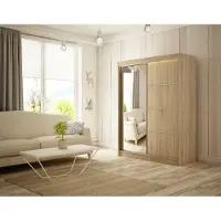 MargaretHadas24 Kleiderschrank Padwa 120 cm inklusive 2 Schiebetüren mit Spiegel Lieferung bis in die Wohnung Kleiderstange Garderobe Schrank Mehrzweckschrank Hochschrank Schlafzimmer (Farbe: Eiche sonoma)