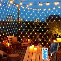 Jayseuw LED Solar Lichternetz 4.5x1.6M Warmweiß Lichterkette Weihnachtsbeleuchtung Lichtervorhang Innen Außen Deko 8 Modi IP44