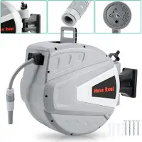 Fiqops Schlauchaufroller Wand-Schlauchbox Schlauchtrommel mit 3/4" Zoll Wasserschlauchaufroller 30m mit 9 Schlauchdüsenmuster