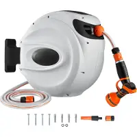 SucceBuy Einziehbarer Schlauchaufroller, 24 m x 1,27 cm, 180° schwenkbare Halterung zur Wandmontage, Gartenwasserschlauch mit 9-Muster-Düse und 3 Schnelladaptern, automatisches Aufrollen