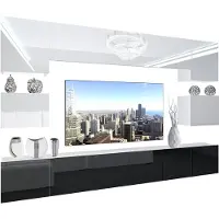 Belini Wohnwand Vollausstattung Wohnzimmer-Set Moderne Schrankwand mit LED-Beleuchtung Weiß Glänzend Anbauwand TV-Schrank Weiß / Schwarz Glänzend
