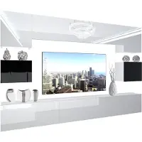 Belini Wohnwand Vollausstattung Wohnzimmer-Set Moderne Schrankwand mit LED-Beleuchtung Weiß Glänzend Anbauwand TV-Schrank Weiß / Schwarz Glänzend