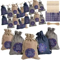 Yakimz 24 Adventskalender zum Befüllen, Stoffbeutel Geschenksäckchen Weihnachten für Weihnachtskalender, Adventskalender Säckchen mit 1-24 Adventszahlen Geschenkanhänger Kraftpapier,Blau /weiß /grau