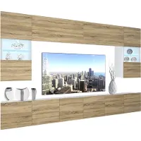 Belini Wohnwand Vollausstattung Wohnzimmer-Set Moderne Schrankwand mit LED-Beleuchtung Weiß Glänzend Anbauwand TV-Schrank Sonoma Eiche Matt