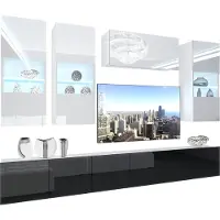 Belini Wohnwand Vollausstattung Wohnzimmer-Set Moderne Schrankwand mit LED-Beleuchtung Weiß Glänzend Anbauwand TV-Schrank Weiß / Schwarz Glänzend