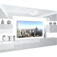 Belini Wohnwand Vollausstattung Wohnzimmer-Set Moderne Schrankwand mit LED-Beleuchtung Weiß Glänzend Anbauwand TV-Schrank Weiß Glänzend