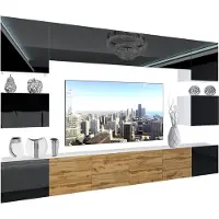 Belini Wohnwand Vollausstattung Wohnzimmer-Set Moderne Schrankwand mit LED-Beleuchtung Weiß Glänzend Anbauwand TV-Schrank Schwarz / Wotan Eiche Glänzend/Matt