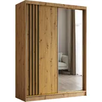 MargaretHadas24 160 cm Kleiderschrank Neli mit Lamellen und Spiegel inklusive 2 Schiebetüren Schwebetürenschrank (Farbe: Artisan, Artisan, Lamelle schwarz)